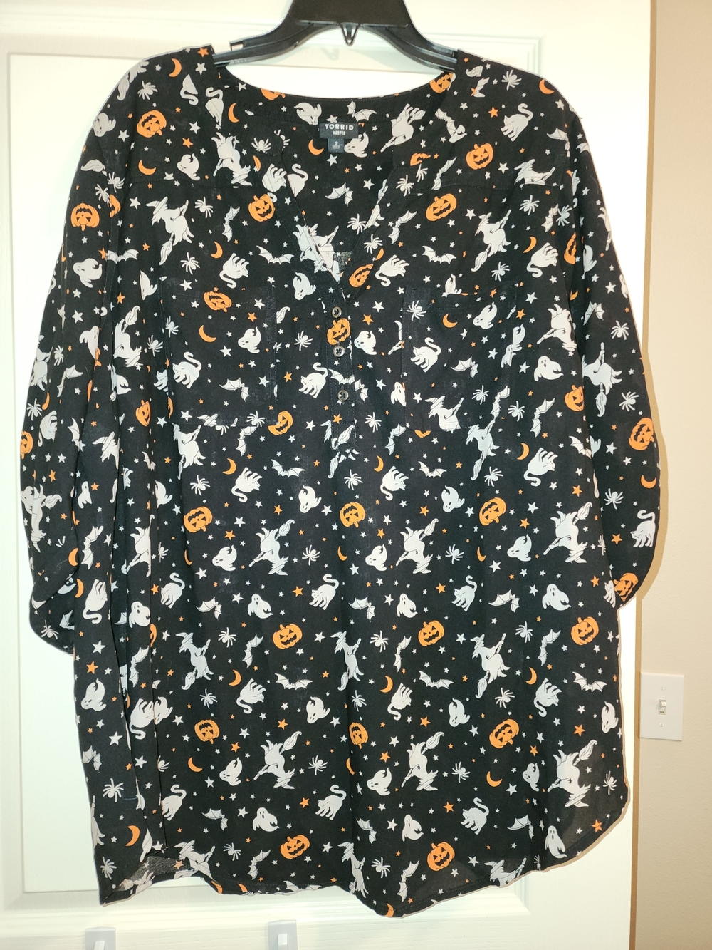 torrid Black Halloween Button-Front Blouse with White Ghosts & Orange Pumpkins